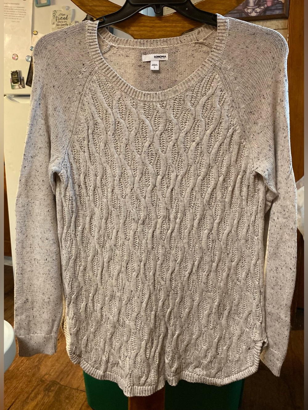Sonoma Size Large Cream Crewneck Cable Knit Sweater -with gray/black speckles.